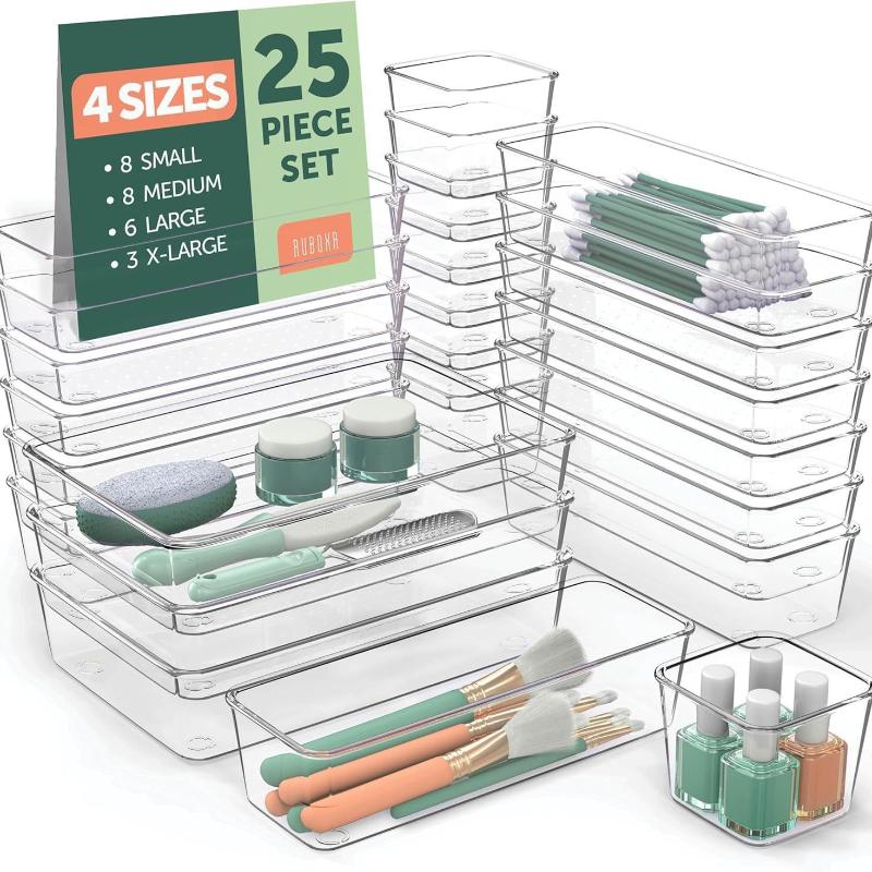 Bathroom Storage Organizer 25PCS Clear Plastic Drawer Bins for Makeup Kit Cosmetics Skincare Multi Size Tub