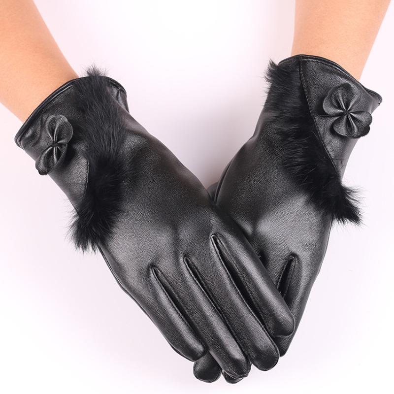 Autumn and Winter Warm Gloves Women's Bow Imitation Leather Touch Screen Gloves Fleece Cold-proof Rabbit Fur Mouth Leather Gloves
