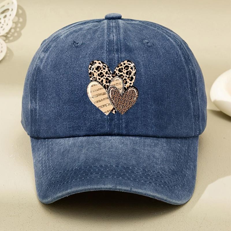 Three Leopard Print Love Pattern Women's Washed Baseball Caps, Multi-functional Dad Hat, Adjustable Sports Outdoor Cap