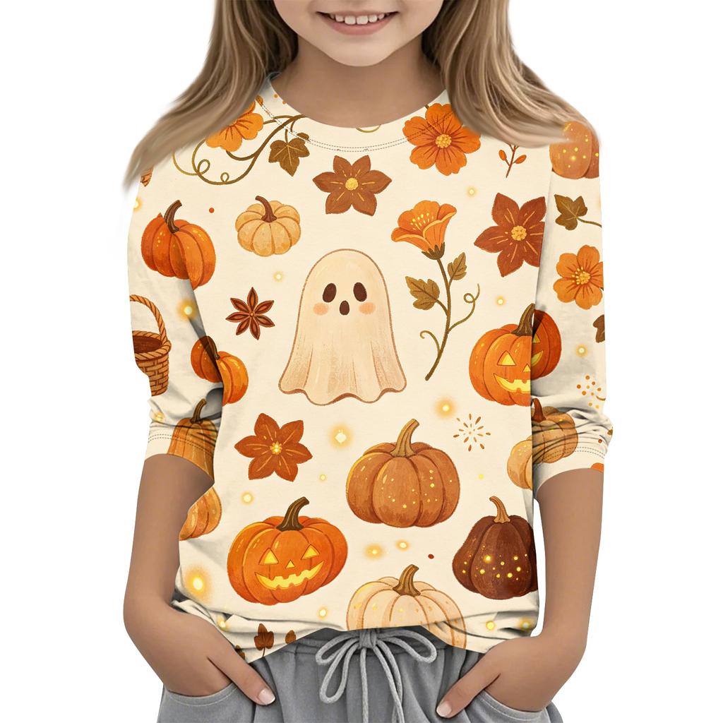 Camiseta Informal de Manga Tres Cuartos con Cuello Redondo y Estampado de Halloween para Niños Niñas Ajuste Cómodo Tejido Suave Ropa de Temporada
