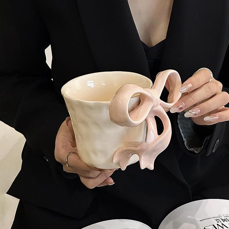 Charming 3D Bow Ceramic Mug - Elegant Light Luxury Design