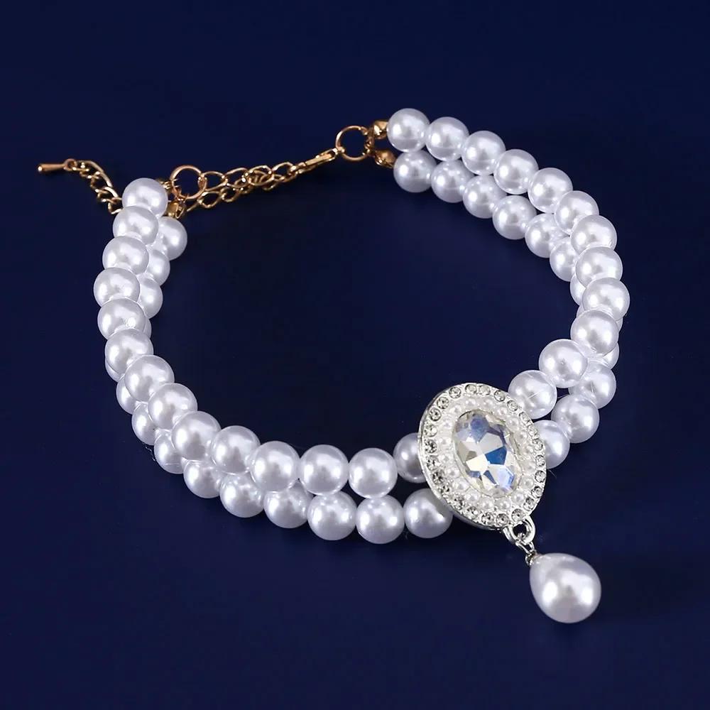 Pet Collar with Double Row Pearls Pendant Small Dogs Cat Pearl Necklace Fashion Accessories for Kitten Puppy Wedding Accessories