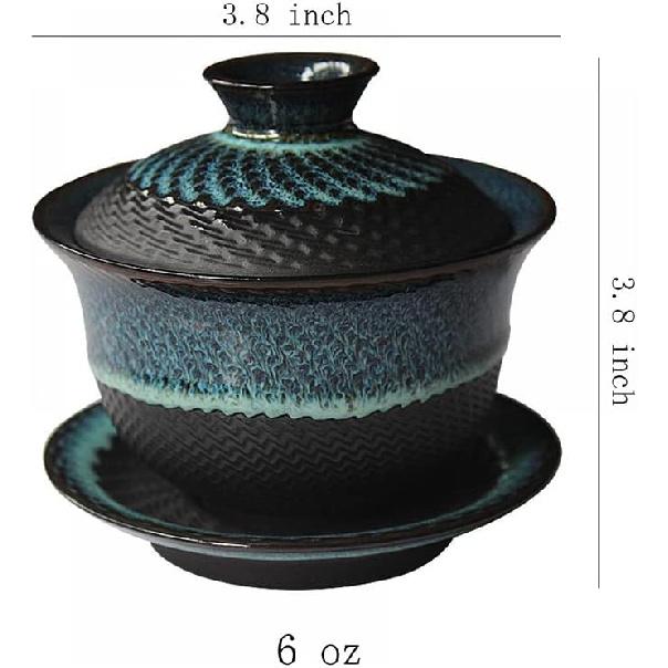 Gaolinci Kiln Glazed Ceramic Jianzhan Teacup Kung Fu Tea Cup and Saucer with Lid. 5 Oz Sancai Gaiwan