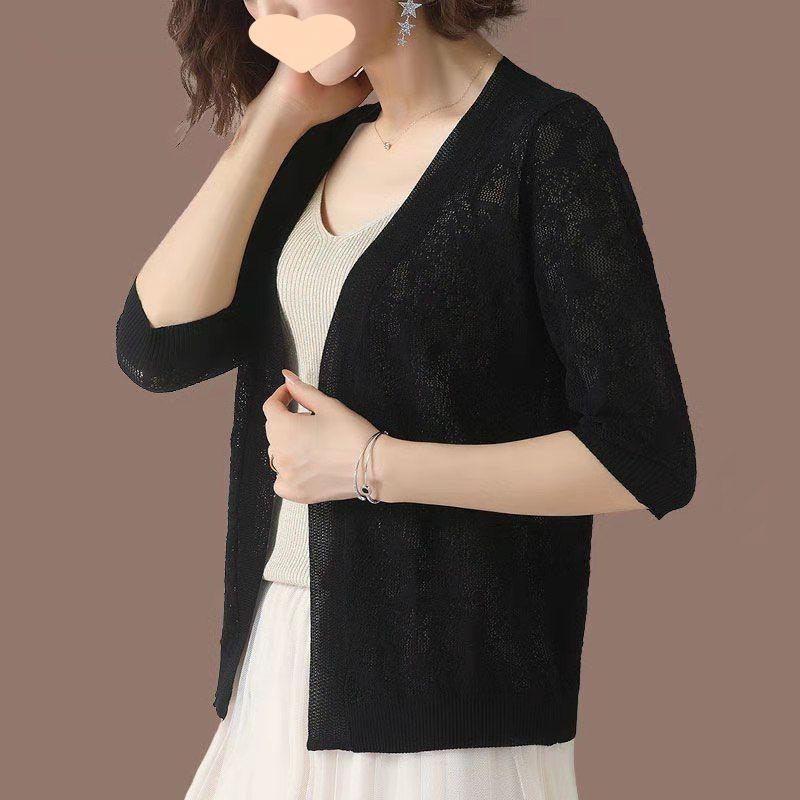 Übergroße Sommer Strickjacken mit halbem Arm, Spitzenstrickjacken, Mäntel, Koreanisch, Elegant, Trendig, Durchbrochen, Sonnenschutz Tops