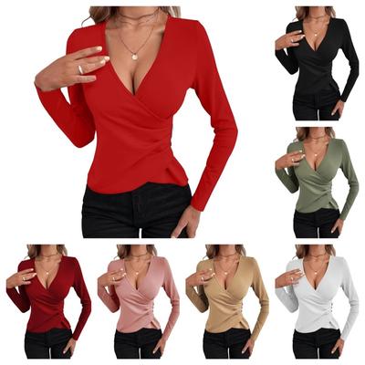 Women's V Neck Asymmetric Three Buttons Sexy Elegant Wind Solid Color Slim Women's T-shirt