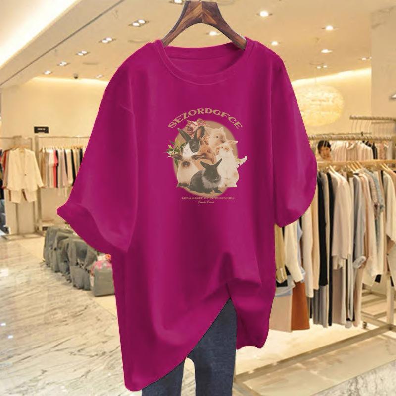 Pure Cotton Loose Printing Versatile Age-reducing T-shirt Large Size Cartoon Short-sleeved Women's New Medium and Long Models