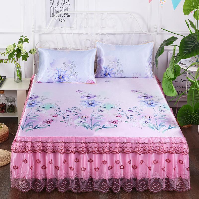 

3 шт. крутой коврик, кружевная юбка для кровати, ледяной коврик, современные покрывала, приятный для кожи, комплект постельного белья, ткань для кровати размера «queen-size» с наволочкой 1.2x2.0m(3.9FT)Bed