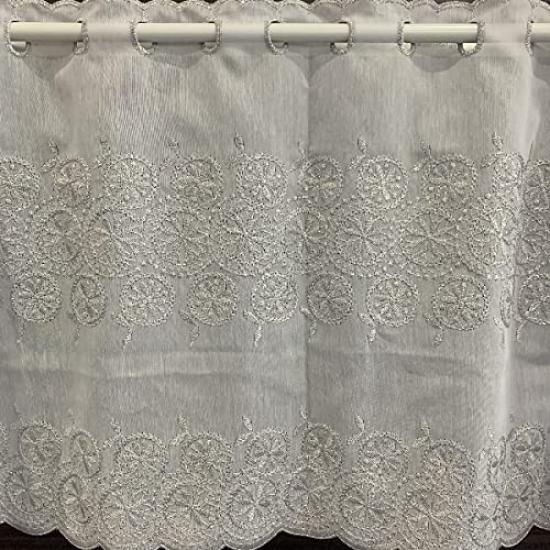 INTERIX Gestickte Spitzengardine für kleine Fenster, 100cm breit x 90cm hoch, Gänseblümchen, Hergestellt in Japan, Lang, Design, Silber, CF6-100-90,