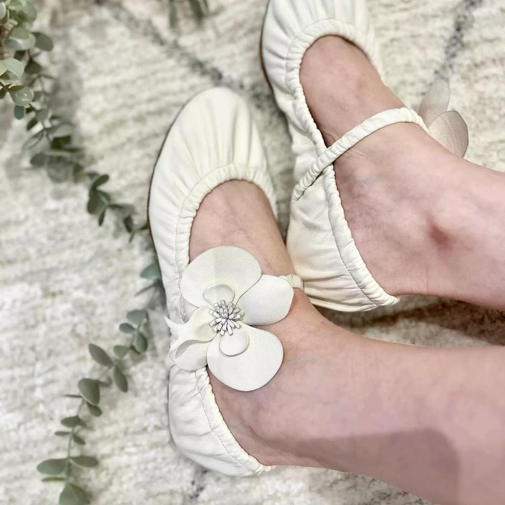 Fashion NEW Spring Flower Flat Ballet Shoes Women's Round Toe Leather Fold Loafer Elastic Belt Mary Jane Shoes Fashion Single Shoes