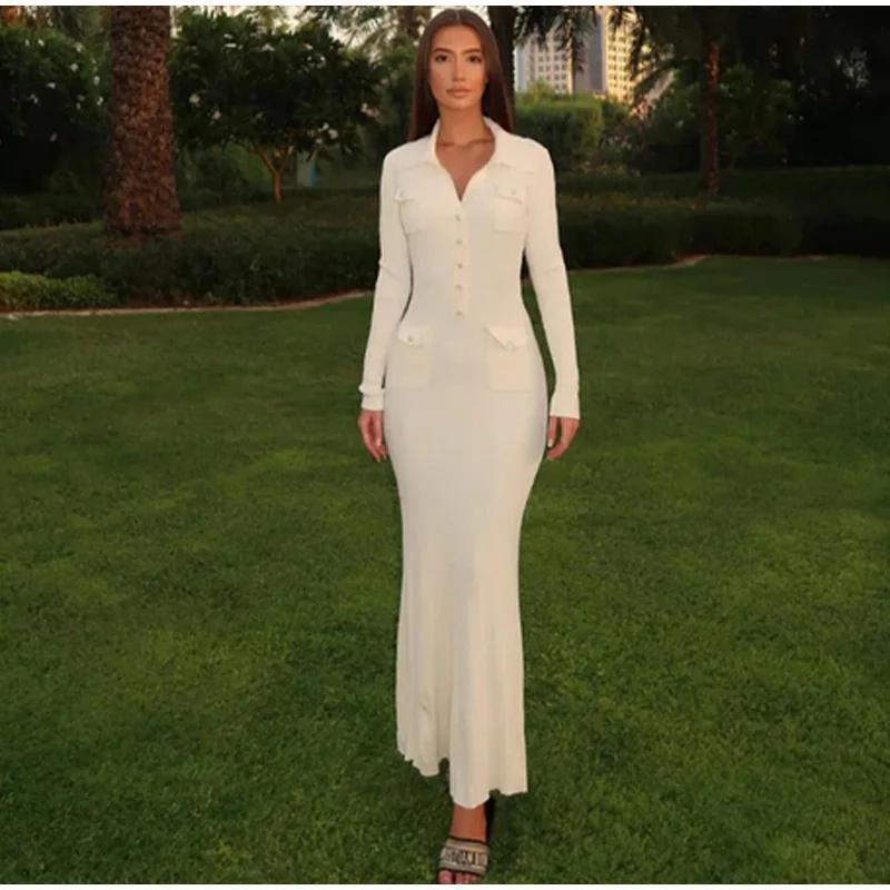 Knitted Elegant Party Dresses Woman Slim Lapel Button Pockets Long Dresses Office Lady Full Sleeve Ribbed Robes 2024 Autumn New