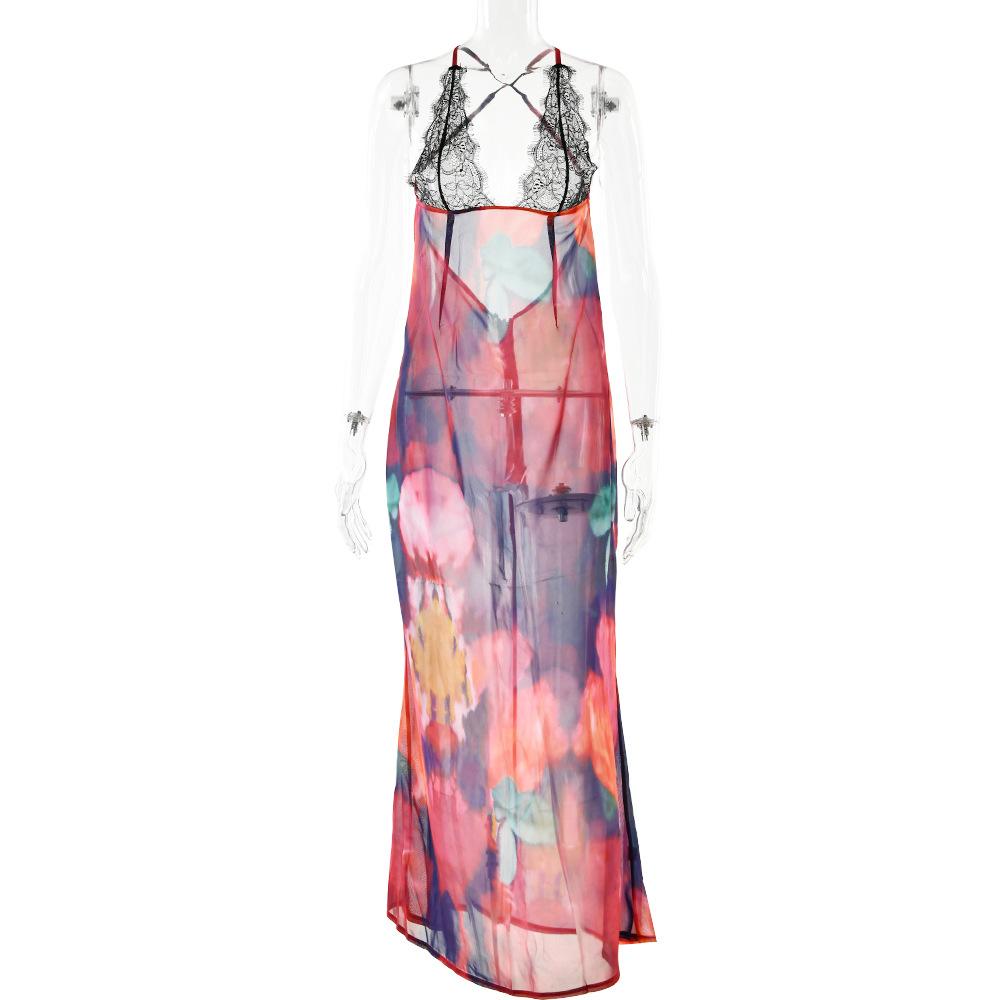 Early spring new European and American Spice Girls perspective backless dress, sexy deep V lace splicing printed suspender dress for women