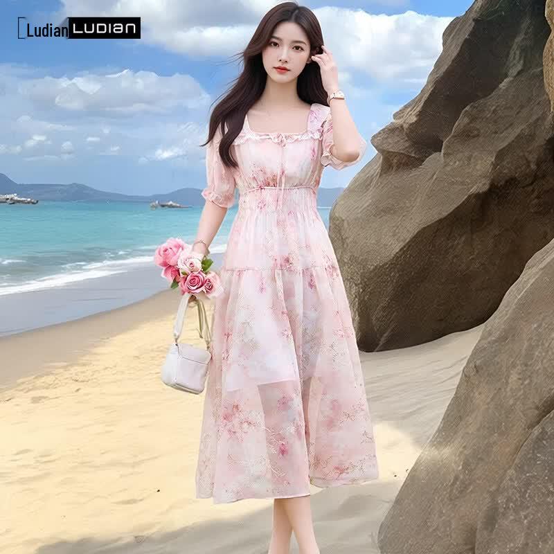 Women's Square Neck Floral Print A-Line Maxi Dress