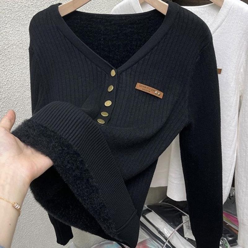 Fashion Plus Velvet Padded Sweater All Match Casual Knit Bottoming Shirt Women Autumn Winter Elegant Slim V-neck Tops