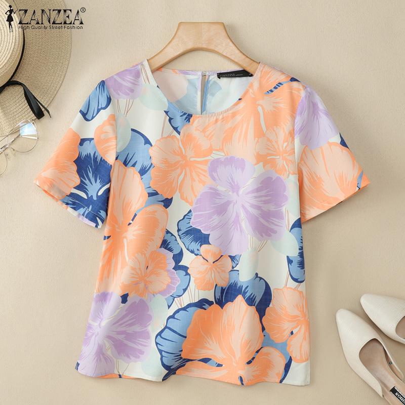 ZANZEA Women Casual Round Neck Summer Short Sleeve Print Blouse