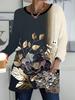 Ladies Large Size Casual Elegant Flower Pattern Print Long Sleeve Crew Neck Pocket T-Shirt Top