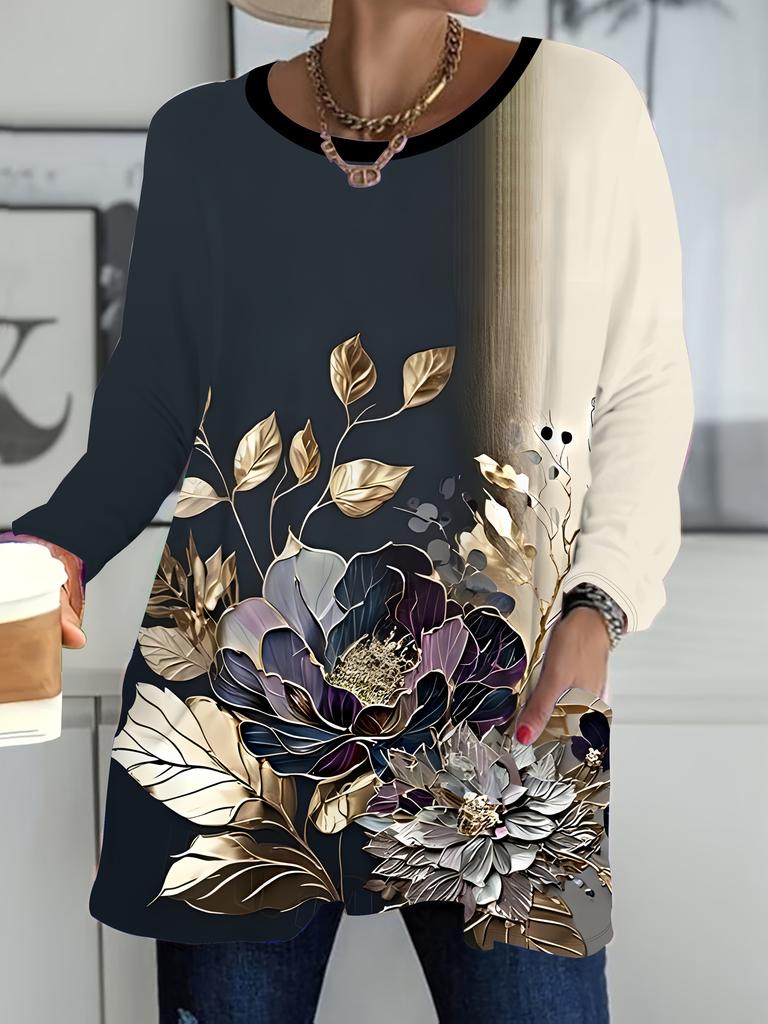 Ladies Large Size Casual Elegant Flower Pattern Print Long Sleeve Crew Neck Pocket T-Shirt Top