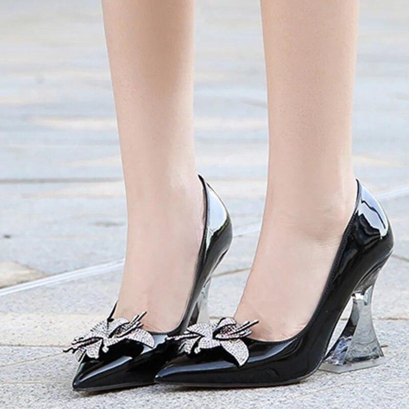 Women's Thick High Heels Crystal Diamond Flower Sexy Fashion Wedding Shoes Bridesmaid 10cm Heel WZ