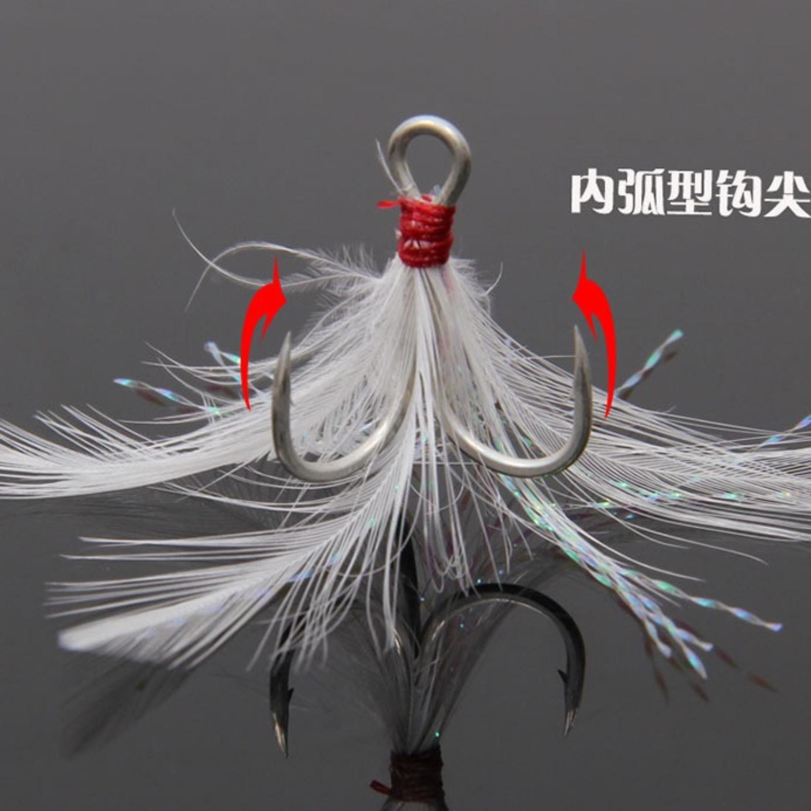 

Three- Hook With Barbed , Blood, Shiny Wire, Feather Hook. One Size