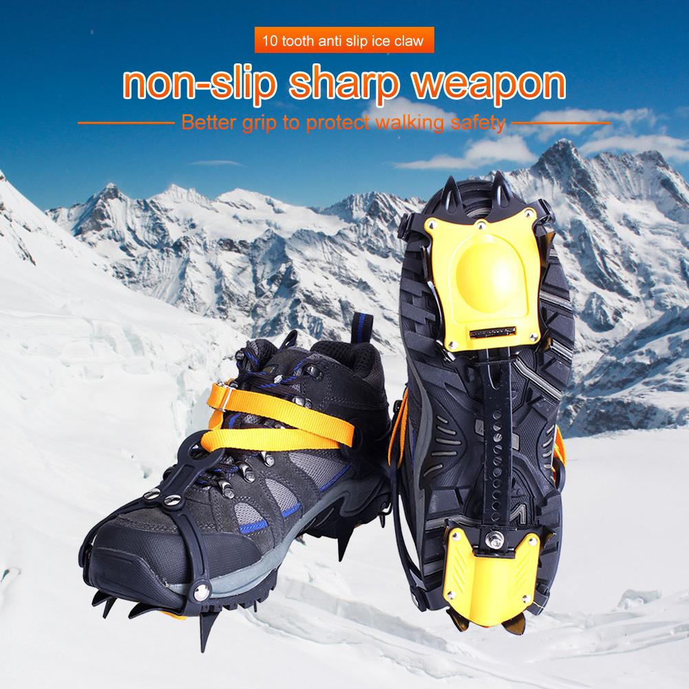 Stainless Steel 10 Teeth Snow Grips Crampons Anti-Slip with Carry Bag Adjustable Thickened Nylon PA Straps for Hiking Climbing