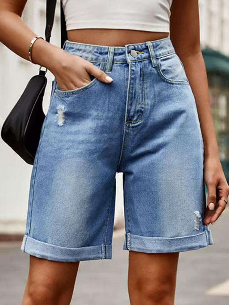 Women's Distressed Denim Shorts - Casual, Loose Fit