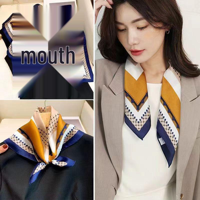 High-End Women's Lightweight Silk Square Scarf - Temperament Print Neckerchief for Neck Protection and Decoration.