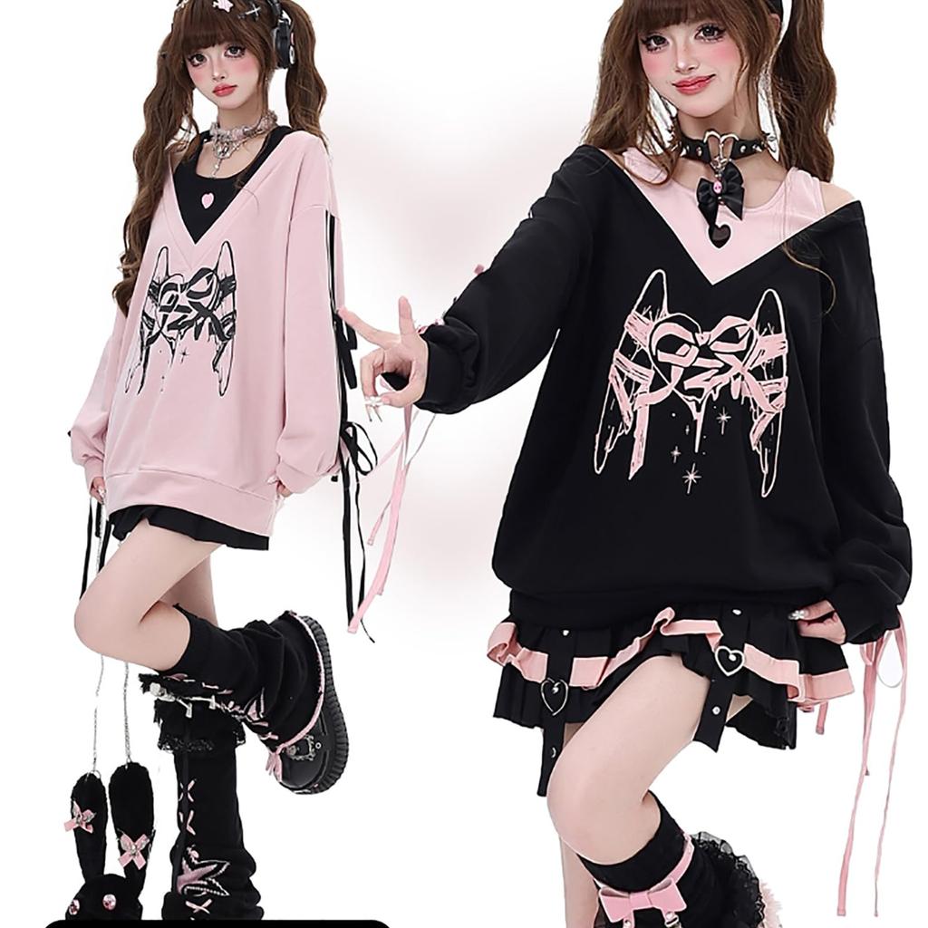 TOWYYO Hoodie mit Band und Lang Perfekt für und Herbst Damen Harajuku-inspiriert Schulterfrei Träger, Ärmel, Print, Y2k, Niedlich, V-Ausschnitt,