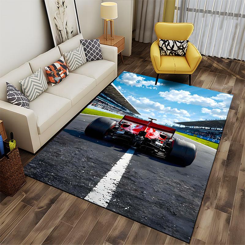 Red Race Car on Track Carpet suitable as a non-slip mat for the living room or bedroom sofa