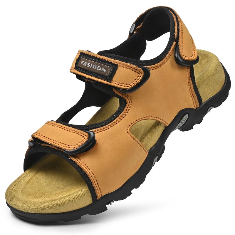 

Fashion High Quality Mens Genuine Leather Sandals Quick-Dry Outdoor Beach Shoes Street Style Male Summer Flats Simple Comfy Casual Shoes 38 золотой