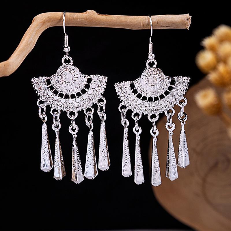 Miao Silver Tassel Dangle Earrings: Ethnic-Style Studs for Women