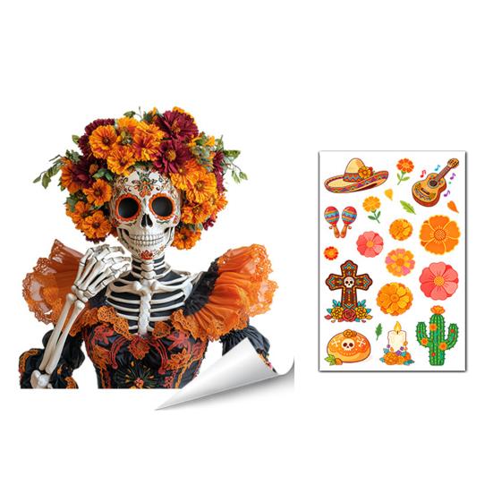 Durable Sunproof Glass Stickers Day of The Dead Window Clings, Halloween Double-Sided Skull Sticker, Ethnic Pattern Wall Art Colorful Flower Skeleton
