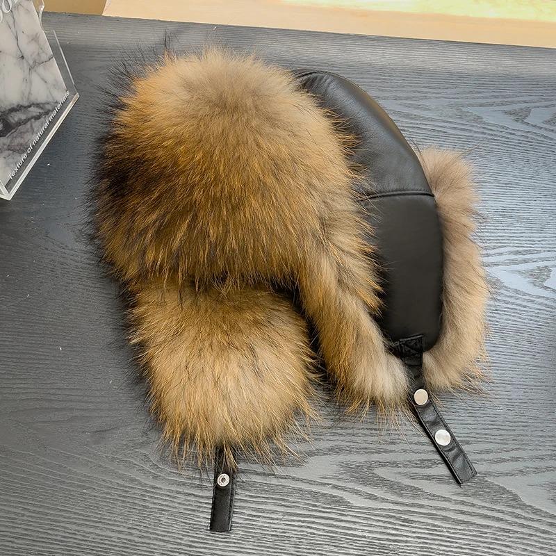 

Зимние теплые шапки с защитой ушей из натурального лисьего меха Женские шапки-ушанки из натуральной кожи, ветрозащитные и теплые, из лисьего меха, с утолщенной овчиной 56cm-58cm