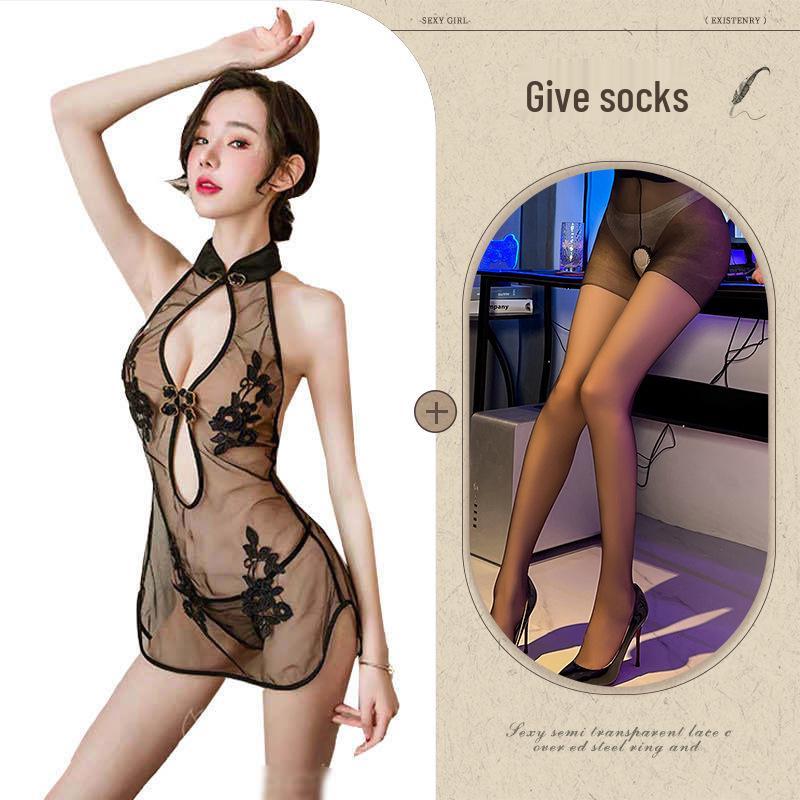 Elegant Lace Mesh Cheongsam Set: Sexy European & American Style with Classical Embroidery