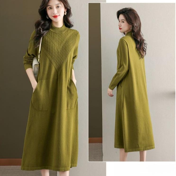 Half Turtleneck Sweater Dress Solid Color Loose Knee-length Long Knitted Sweater for Women Large-sized Knitted Dress for Autumn and Winter