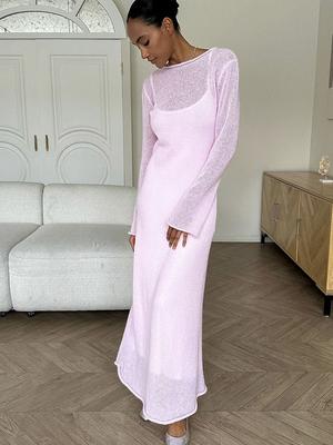 Spring Autumn O-Neck Elastic Knit Long Dresses Women Elegant Chic Soft Lady Hollowing Sweater Dresses Femme New