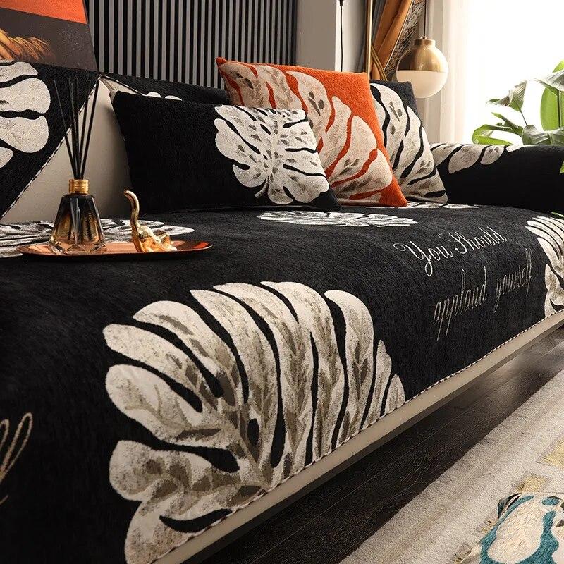 Banana Leaves Jacquard Sofa Cushion Black Couch Cover Pastoral Style Four Seasons Universal Non-slip Fabric Sofa Cover Towel New