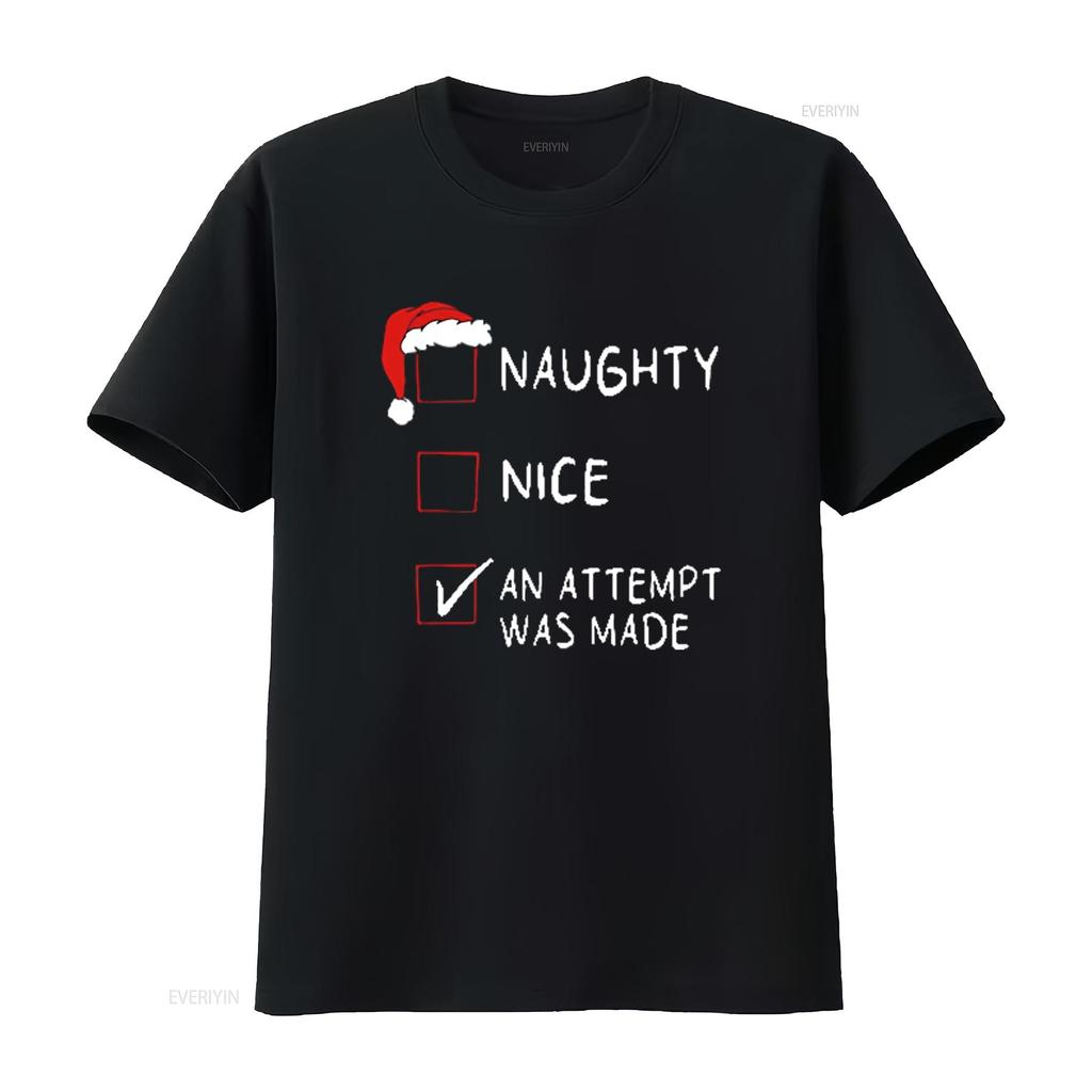 Travesso Bom Uma Tentativa Engraçada Lista Natal Homens Camiseta de Natal Preta Média lavada vintage Versátil streetwear homem Respirável