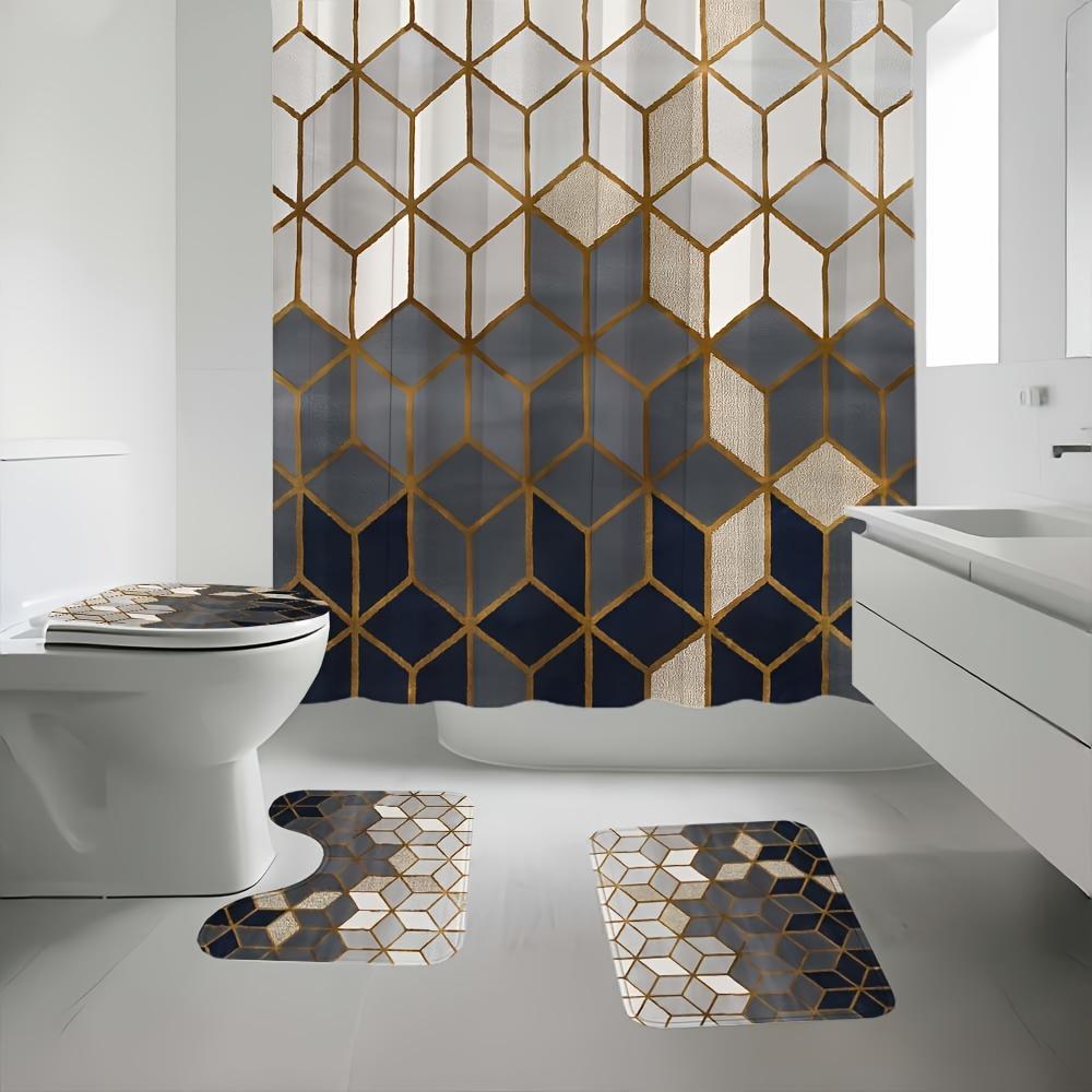4-teiliges Duschvorhang-Set mit geometrischem Patchwork-Muster, Anti-Rutsch-Badezimmerteppich, Toilettendeckelbezug, Kontur-Teppich & 12 Haken, Badezimmer-Dekoration