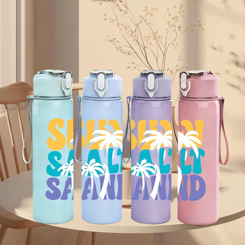 1PC Sun Salt Sand Letter 750ml Color Plastic Sports Water Bottle Leakproof Flip Straw Lid Suitable for Sports Office Home Use