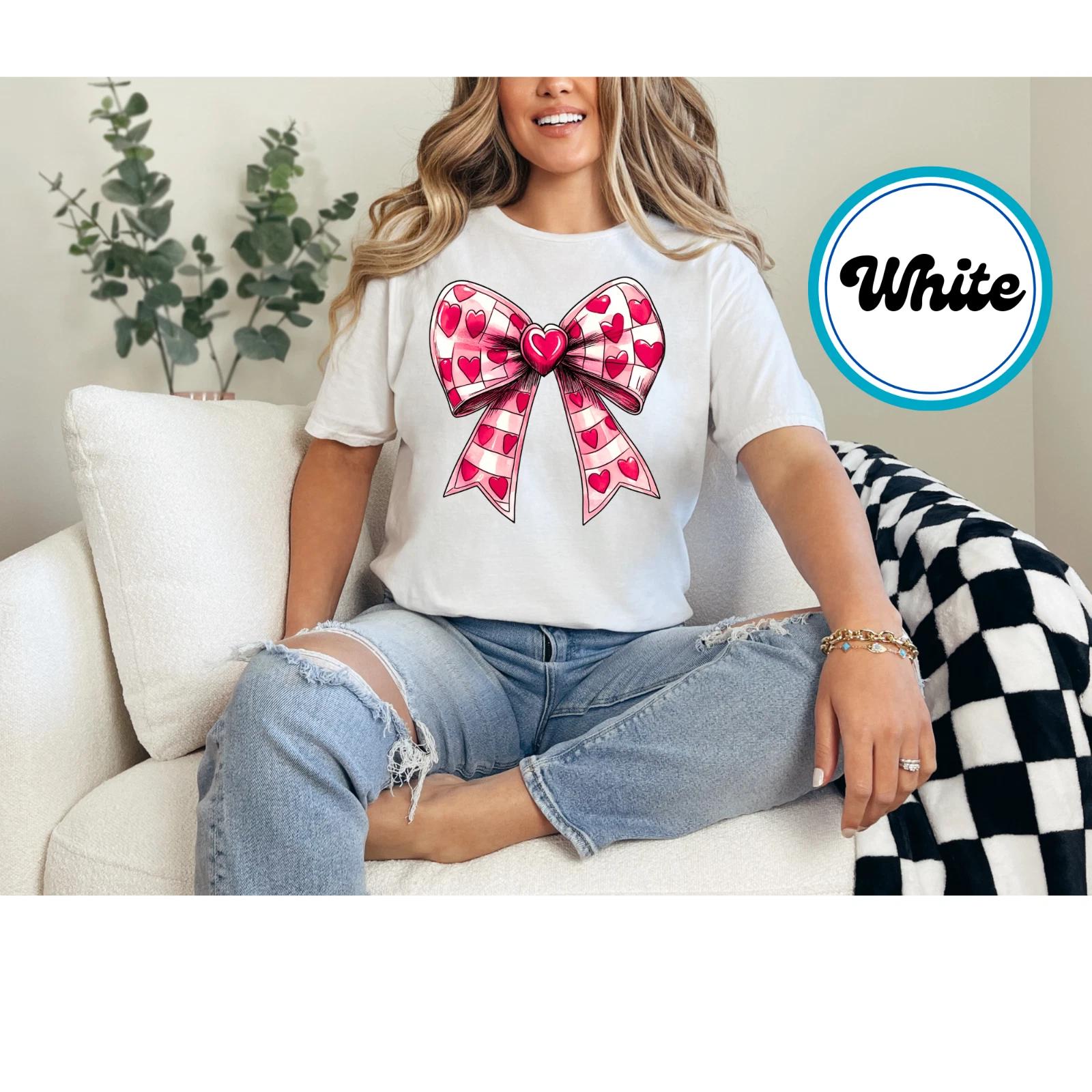 Valentine s Day Bow T-Shirt Cute Pink Heart Graphic Tee Romantic Gift for Women XL