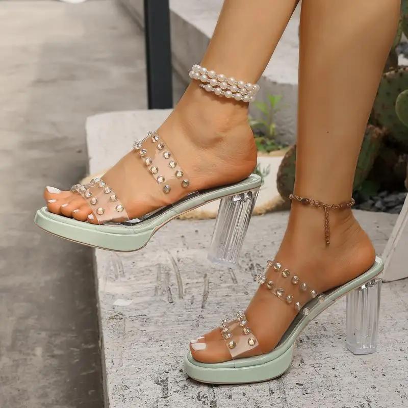 Luxury Glitter Transparent Pvc Strap Slides Women 2025 Summer Super High Clear Heel Slip On Sandals Sexy Party Dress Shoes
