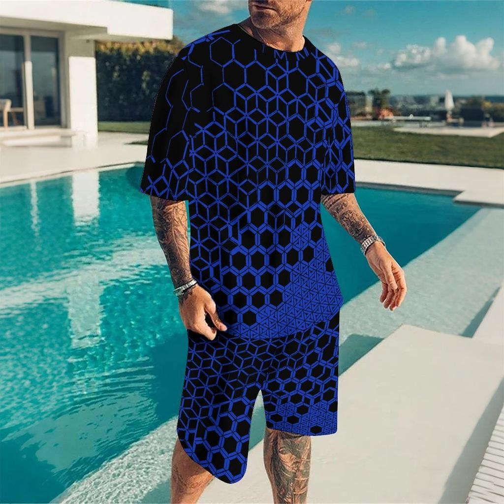 Men Gold White Geometric Triangle 3D Print Short Sleeve Tee And Matching Shorts Two Piece Outfit