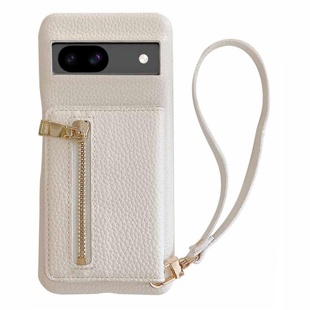 

Чехол для Google Pixel 8a с отделениями для карт, подставкой, задней крышкой из ПУ кожи с карманом на молнии, ремешком на запястье White