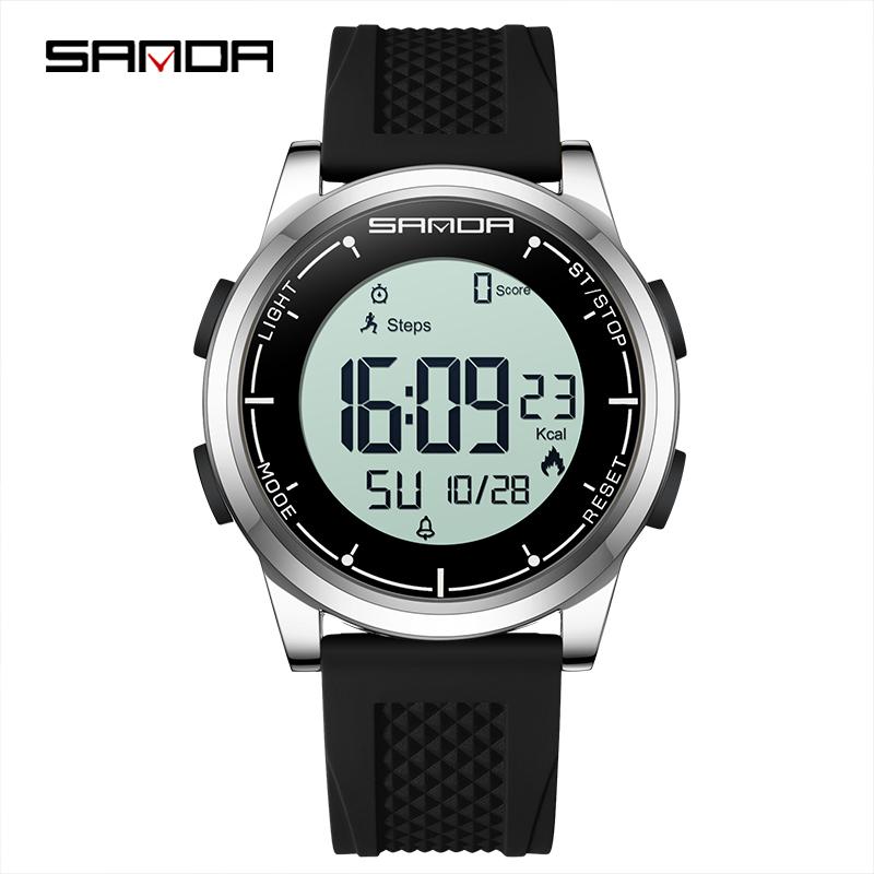 SANDA 9064 Silicone Strap Men's Electronic Digital Watch Sport Outdoor Multifunctional 50M Waterproof Male Wristwatch