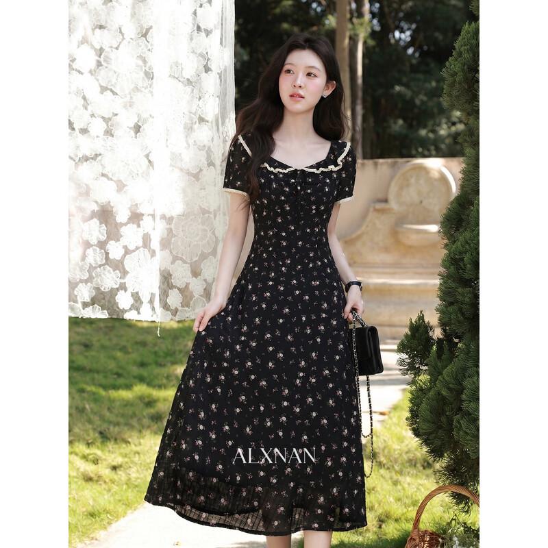 Lù Xiàngnán French Style Black Floral Maxi Dress M