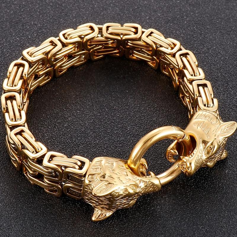 Gothic Punk Wolf Head Man Bracelet For Men Vintage Stainless Steel 14MM Double Chain Men's Wrist Bracelets Male Jewellery Accessories