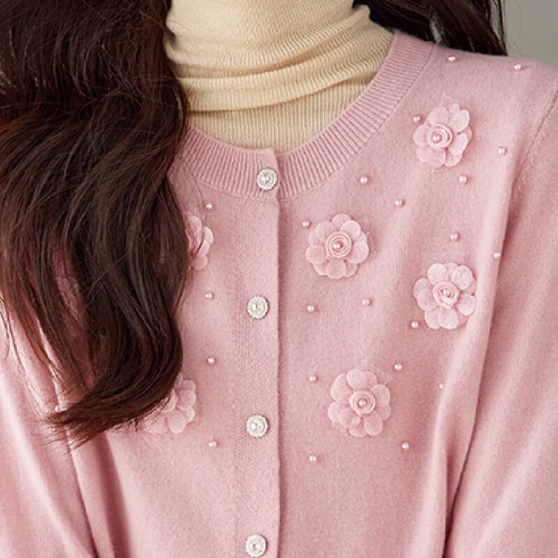 Srcr Women's 100% Pure Wool Short Knitted Cardigan with 3D Floral Design