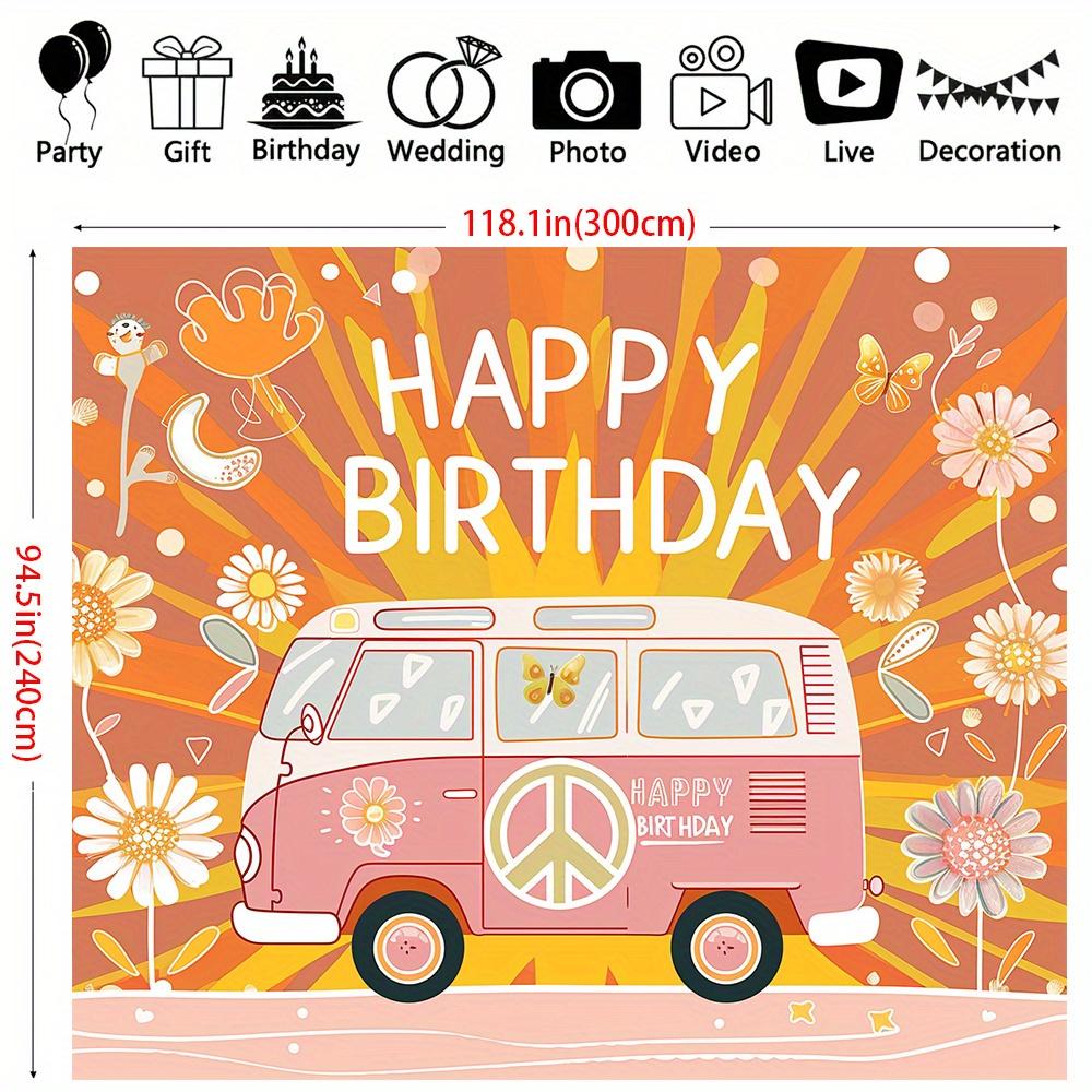 Retro 70's hippie theme Happy Birthday Bohemian Daisy bus background cloth, party decoration background props