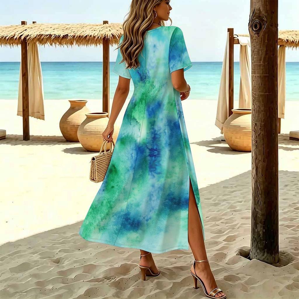 Women Fashion Round Neck Tie-dye Pattern Printed Short Sleeve Side Slit Dress Casual Vacation Dress Long Loose Dress