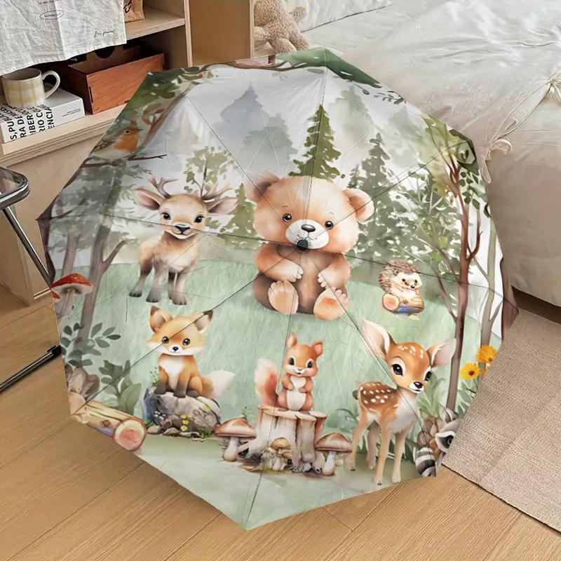 Woodland Animal Friends Automatic Folding Umbrella - Portable 3-Fold Design with Iron Frame, Perfect for Fans, Travelers, Everyday Use, and