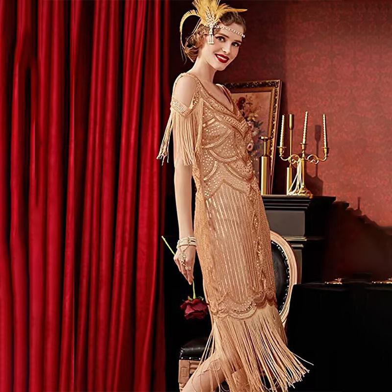 Women's 1920s Gatsby Flapper Dress, Vintage Sequin Fringe V-Neck Cocktail Party Dress